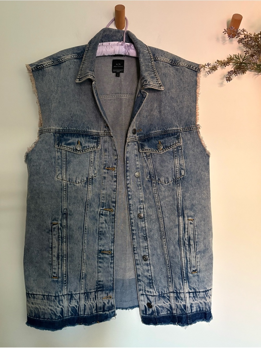 Armani Exchange A|X Oversized Long Denim Vest Small Acid Wash Raw Hem